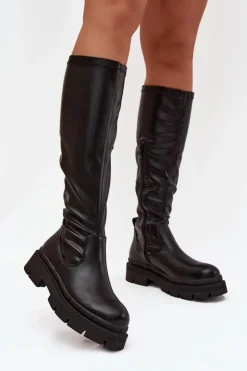 New Boto Kozaki Damskie Na Platformie Z Eko Skóry Czarne Marivelle