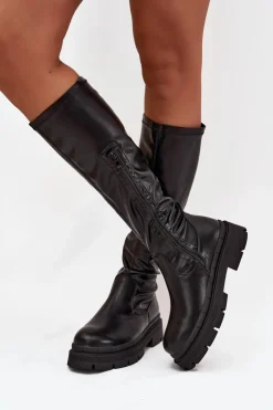 New Boto Kozaki Damskie Na Platformie Z Eko Skóry Czarne Marivelle