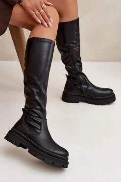 New Boto Kozaki Damskie Na Platformie Z Eko Skóry Czarne Marivelle