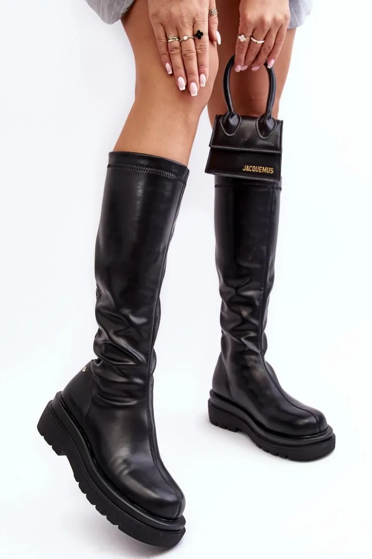 Discount GOE Kozaki Damskie Na Platformie Z Suwakiem MM2N4068 Czarne