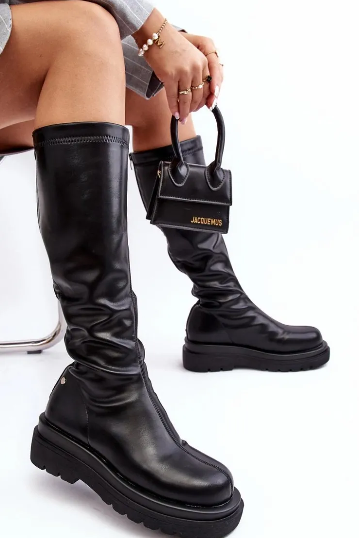 Discount GOE Kozaki Damskie Na Platformie Z Suwakiem MM2N4068 Czarne