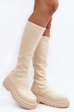 GOE Kozaki Płaskie|Kozaki Przed Kolano*Kozaki Damskie Na Platformie Z Suwakiem MM2N4067 Jasnobeżowe