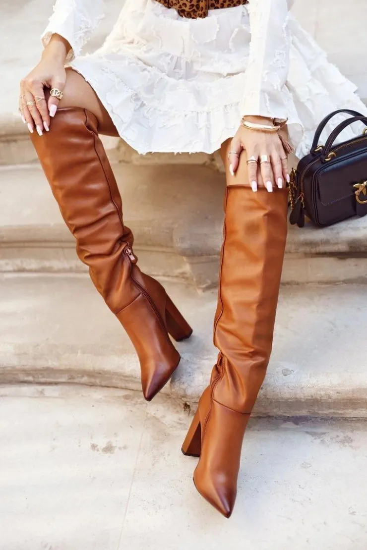 Damskie Boto Kozaki Damskie Na Słupku Ciepłe Camel Vellma