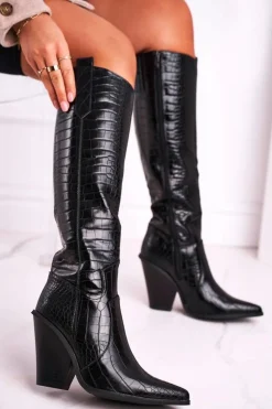 Damskie Boto Kozaki Damskie Na Słupku Czarne Higher