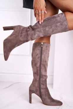 Damskie Boto Kozaki Damskie Na Słupku Do Kolana Szare Truly Love