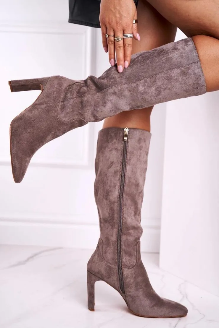 Damskie Boto Kozaki Damskie Na Słupku Do Kolana Szare Truly Love