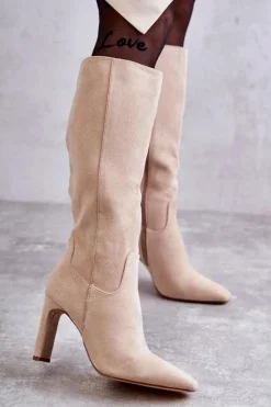 Boto Kozaki Na Słupku|Kozaki Wiosenne*Kozaki Damskie Na Słupku Do Kolana Beżowe Truly Love