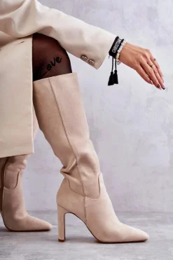 Boto Kozaki Na Słupku|Kozaki Wiosenne*Kozaki Damskie Na Słupku Do Kolana Beżowe Truly Love