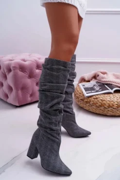 New Boto Kozaki Damskie Na Słupku Do Kolan Szare Termen