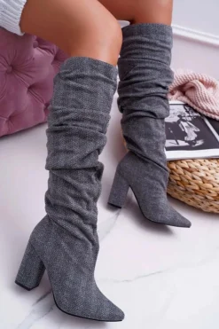New Boto Kozaki Damskie Na Słupku Do Kolan Szare Termen