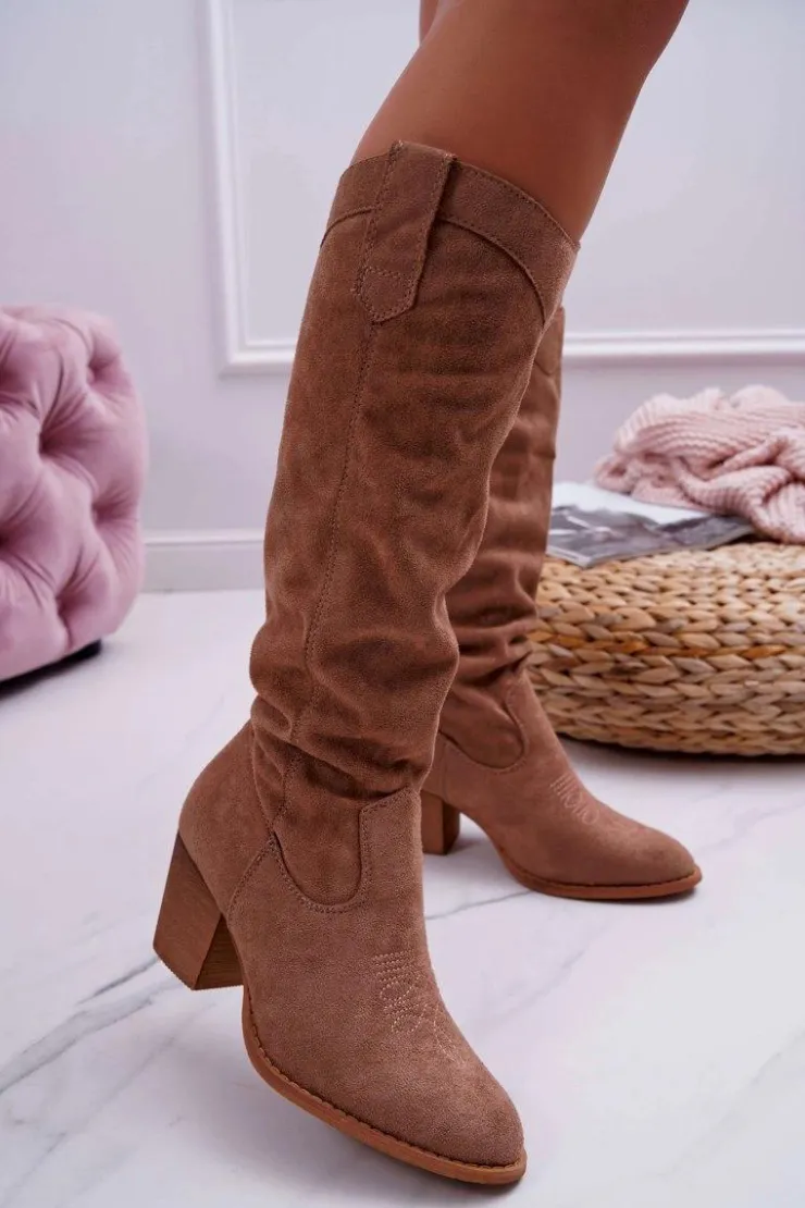 Discount Boto Kozaki Damskie Na Słupku Do Kolana Zamszowe Beżowe Lemane