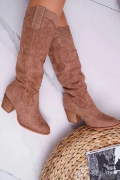 Discount Boto Kozaki Damskie Na Słupku Do Kolana Zamszowe Beżowe Lemane