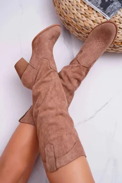 Discount Boto Kozaki Damskie Na Słupku Do Kolana Zamszowe Beżowe Lemane