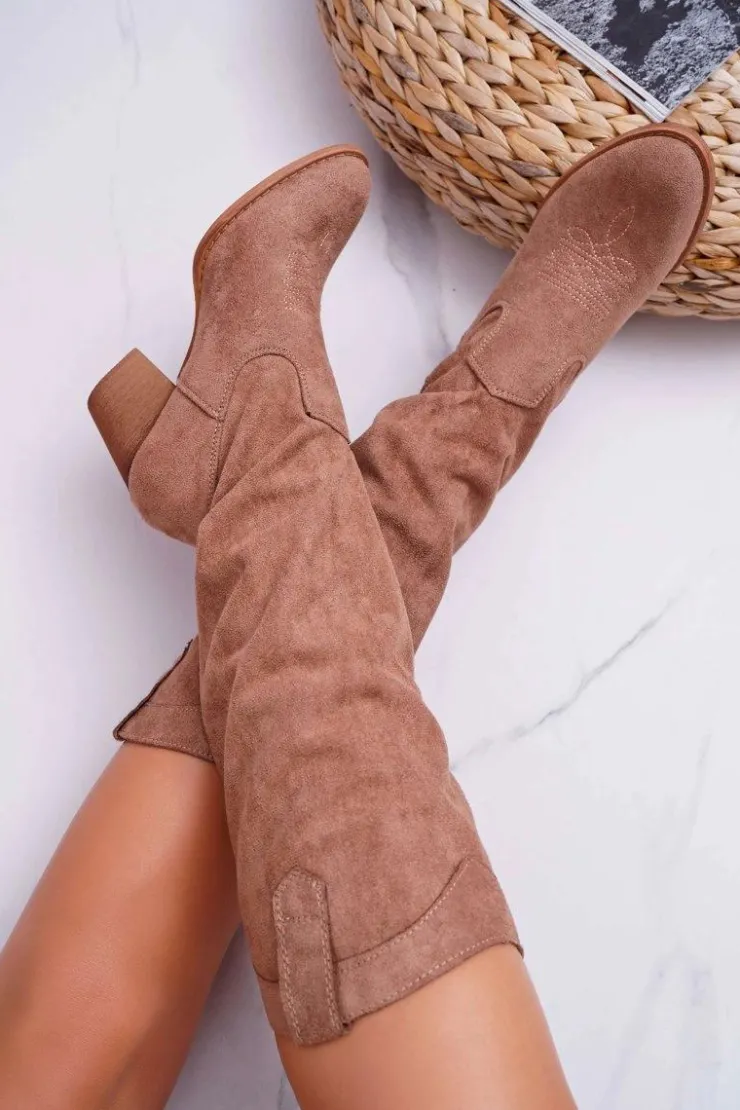 Discount Boto Kozaki Damskie Na Słupku Do Kolana Zamszowe Beżowe Lemane