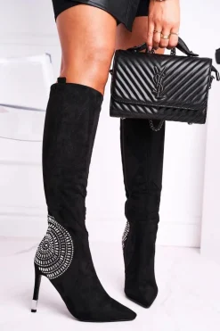 Discount Boto Kozaki Damskie Na Słupku Do Kolana Czarne Fashionable