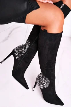 Discount Boto Kozaki Damskie Na Słupku Do Kolana Czarne Fashionable