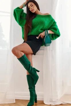 Clearance Boto Kozaki Damskie Na Słupku Do Kolana Zielone Truly Love