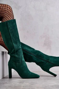 Clearance Boto Kozaki Damskie Na Słupku Do Kolana Zielone Truly Love