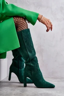 Clearance Boto Kozaki Damskie Na Słupku Do Kolana Zielone Truly Love