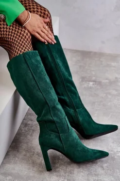 Clearance Boto Kozaki Damskie Na Słupku Do Kolana Zielone Truly Love