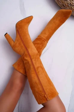 Damskie Boto Kozaki Damskie Na Słupku Do Kolan Camel Warden