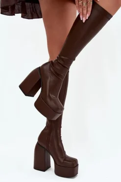 Damskie Boto Kozaki Damskie Na Słupku I Platformie Czekoladowe Yavira