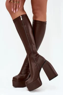 Damskie Boto Kozaki Damskie Na Słupku I Platformie Czekoladowe Yavira