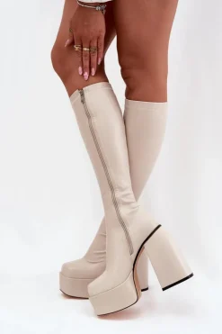 Damskie Boto Kozaki Damskie Na Słupku I Platformie Jasnobeżowe Yavira