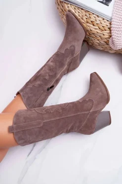 Damskie Boto Kozaki Damskie Na Słupku Kowbojki Cappuccino Brunt