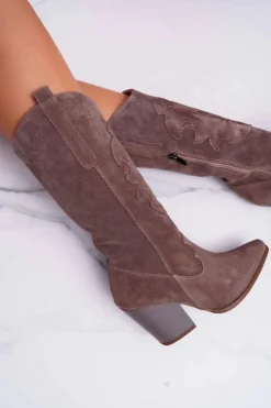 Damskie Boto Kozaki Damskie Na Słupku Kowbojki Cappuccino Brunt