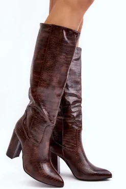 Damskie Boto Kozaki Damskie Na Słupku Ocieplane Wężowy Wzór Brązowe Delul