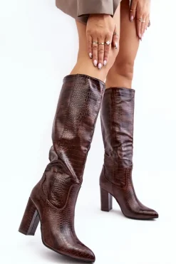 Damskie Boto Kozaki Damskie Na Słupku Ocieplane Wężowy Wzór Brązowe Delul