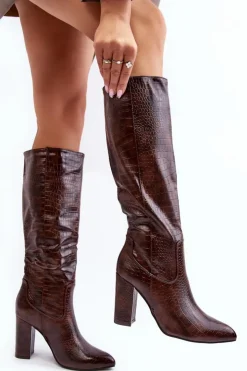 Damskie Boto Kozaki Damskie Na Słupku Ocieplane Wężowy Wzór Brązowe Delul