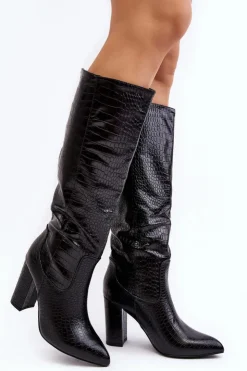 Boto Kozaki Damskie Na Słupku Ocieplane Wężowy Wzór Czarne Delul