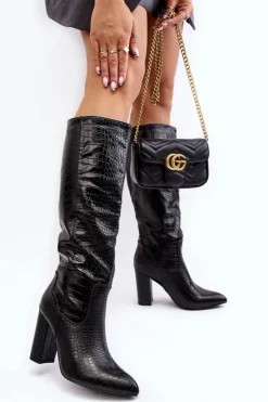 Boto Kozaki Damskie Na Słupku Ocieplane Wężowy Wzór Czarne Delul