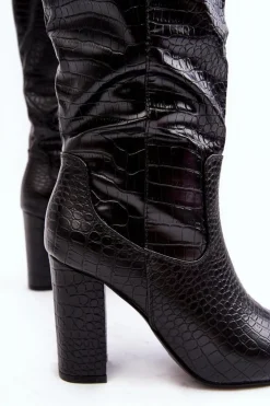Boto Kozaki Damskie Na Słupku Ocieplane Wężowy Wzór Czarne Delul
