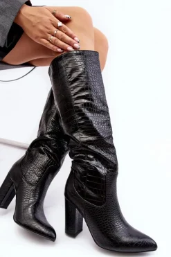 Boto Kozaki Damskie Na Słupku Ocieplane Wężowy Wzór Czarne Delul