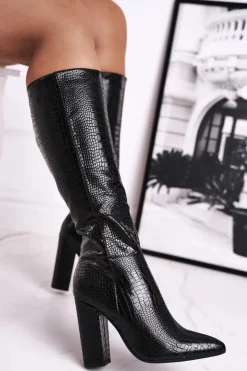 Hot Boto Kozaki Damskie Na Słupku Ocieplane Czarne Belvim