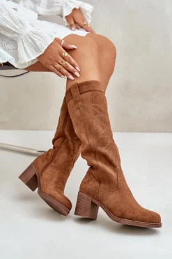 Damskie Boto Kozaki Damskie Na Słupku Przed Kolano Camel Erisorae