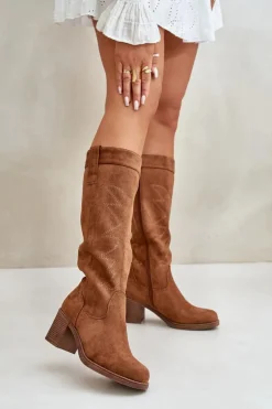 Damskie Boto Kozaki Damskie Na Słupku Przed Kolano Camel Erisorae