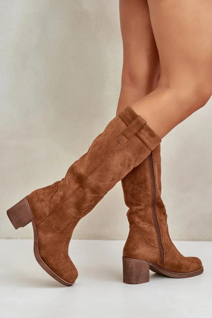 Damskie Boto Kozaki Damskie Na Słupku Przed Kolano Camel Erisorae
