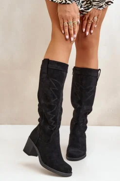 Damskie Boto Kozaki Damskie Na Słupku Przed Kolano Czarne Erisorae