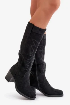 Damskie Boto Kozaki Damskie Na Słupku Przed Kolano Czarne Erisorae