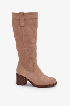 Best Boto Kozaki Damskie Na Słupku Przed Kolano Beżowe Erisorae