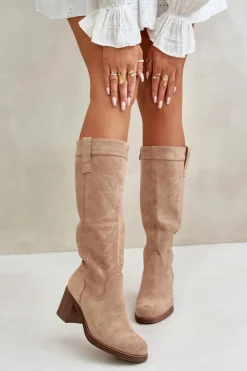 Best Boto Kozaki Damskie Na Słupku Przed Kolano Beżowe Erisorae