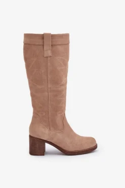 Best Boto Kozaki Damskie Na Słupku Przed Kolano Beżowe Erisorae