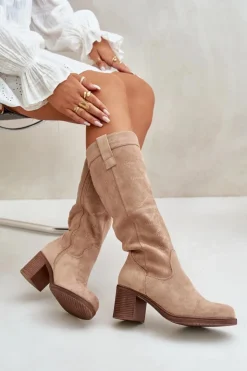 Best Boto Kozaki Damskie Na Słupku Przed Kolano Beżowe Erisorae