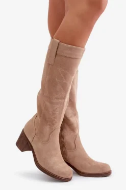 Best Boto Kozaki Damskie Na Słupku Przed Kolano Beżowe Erisorae