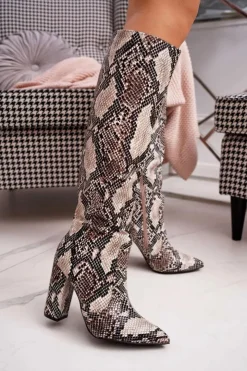 Damskie Boto Kozaki Damskie Na Słupku Skóra Węża Beżowe Brouny