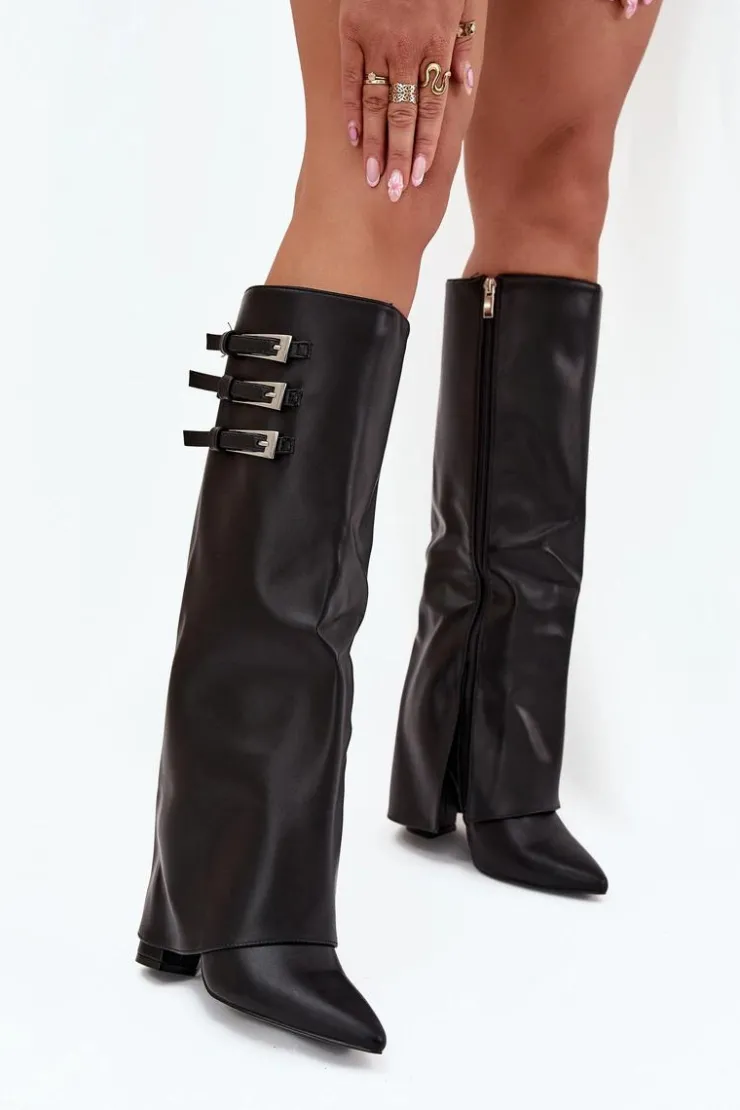 Boto Kozaki Ocieplane|Kozaki Na Słupku*Kozaki Damskie Na Słupku Wywinięta Cholewka Paski Z Klamrami Czarne Nirisa Czarny